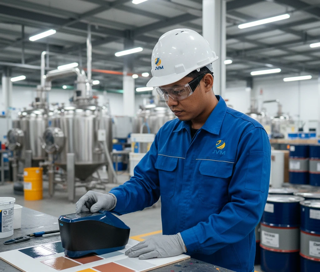Teknisi quality control Indonesia menggunakan colorimeter portabel PCE-CSM 20-ICA untuk mengukur warna panel cat di area produksi pabrik.