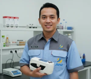 Teknisi quality control Indonesia menggunakan colorimeter PCE-CSM 3 untuk mengukur warna panel interior pesawat di area produksi aerospace.