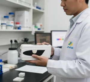 Teknisi QC Indonesia menggunakan colorimeter portabel untuk mengukur warna sampel minuman di laboratorium quality control pabrik makanan.