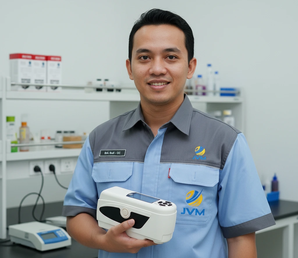 Teknisi quality control Indonesia menggunakan colorimeter PCE-CSM 3 untuk mengukur warna panel interior pesawat di area produksi aerospace.