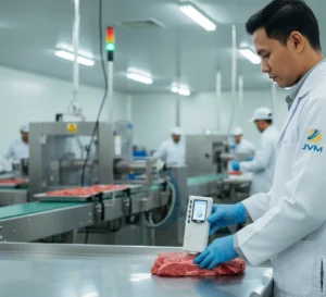 Teknisi QC Indonesia menggunakan colorimeter PCE-CSM 4 untuk mengukur warna daging segar di area produksi pabrik makanan ekspor.