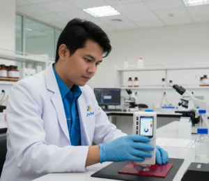 Teknisi laboratorium Indonesia menggunakan colorimeter PCE-CSM 4-ICA untuk mengukur warna sampel plastik di meja kerja laboratorium industri kimia dengan tampilan layar menunjukkan grafik warna.