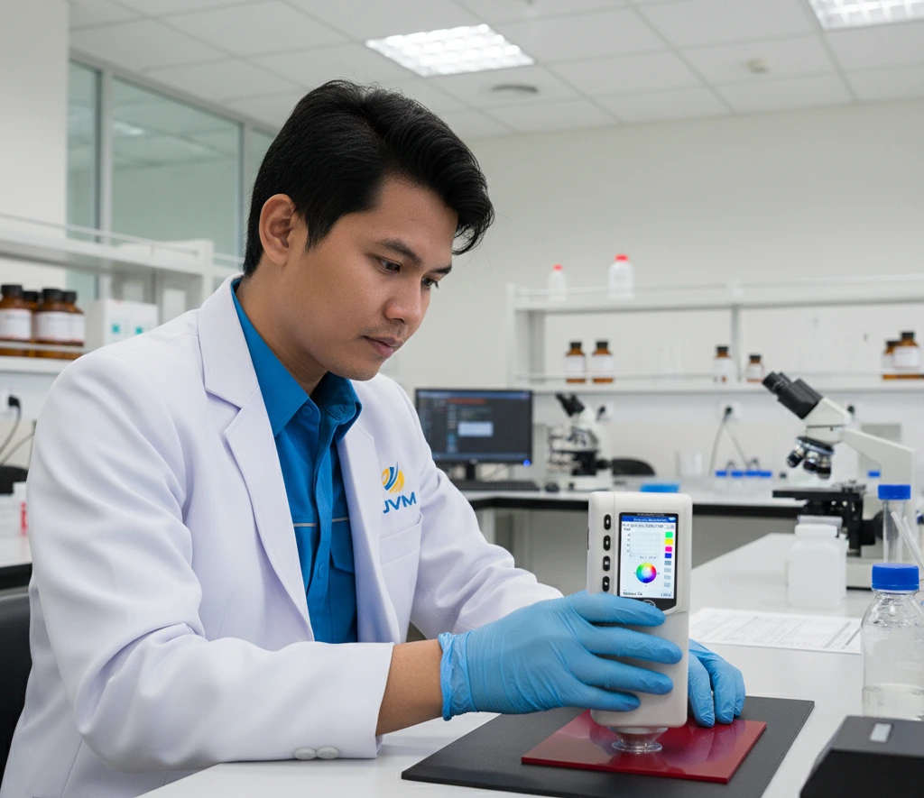 Teknisi laboratorium Indonesia menggunakan colorimeter PCE-CSM 4-ICA untuk mengukur warna sampel plastik di meja kerja laboratorium industri kimia dengan tampilan layar menunjukkan grafik warna.