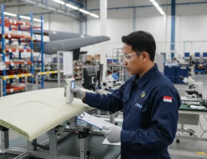 Teknisi Indonesia menggunakan colorimeter PCE-CSM 5 untuk mengukur warna panel interior pesawat di fasilitas manufaktur aerospace dengan perlengkapan keselamatan kerja lengkap.