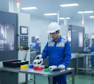 Teknisi Indonesia menggunakan colorimeter PCE-CSM 6-ICA untuk mengukur warna komponen plastik di area produksi pabrik manufaktur dengan latar mesin industri.