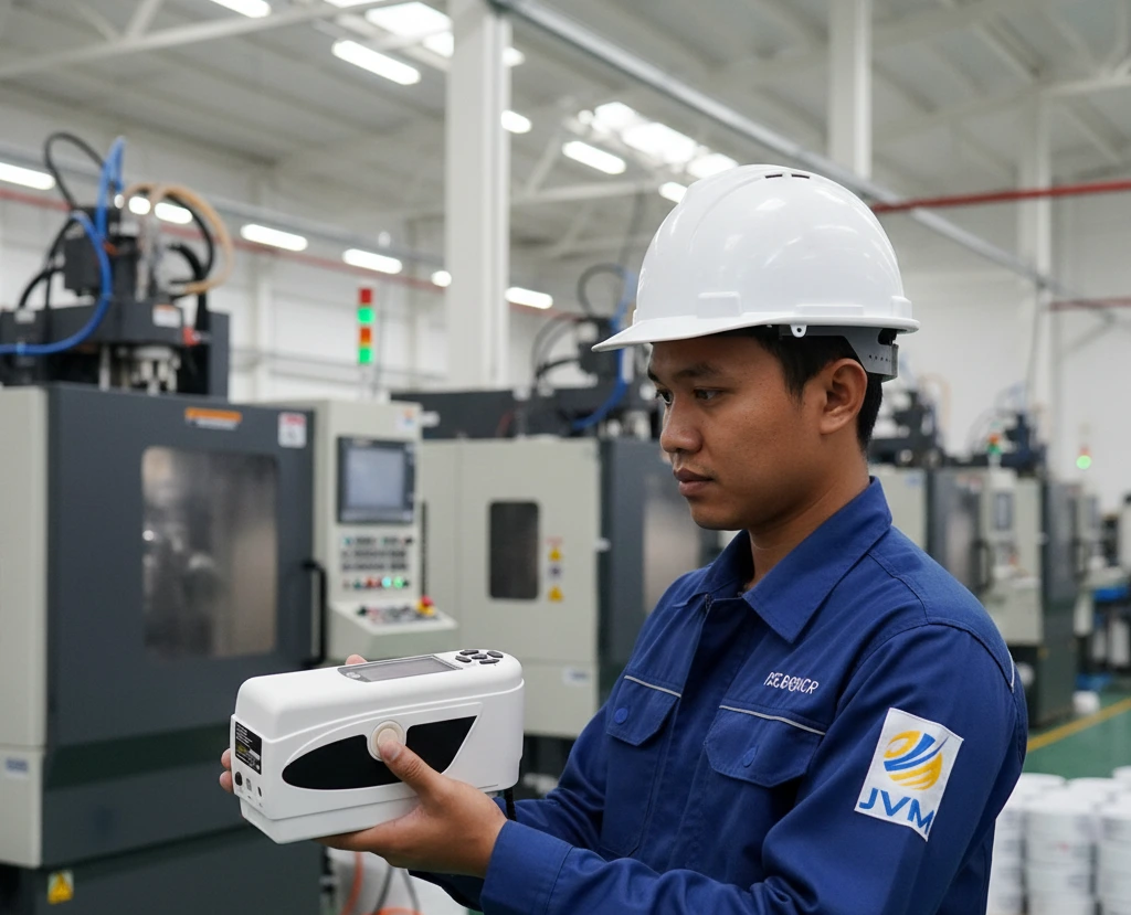 Teknisi QC Indonesia menggunakan colorimeter portabel PCE-CSM 6 untuk mengukur warna produk plastik injection molding di area produksi pabrik dengan mesin di latar belakang.