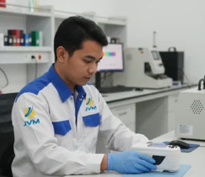 Seorang teknisi laboratorium Indonesia menggunakan colorimeter portabel untuk mengukur warna permukaan sampel plastik dalam proses quality control industri.