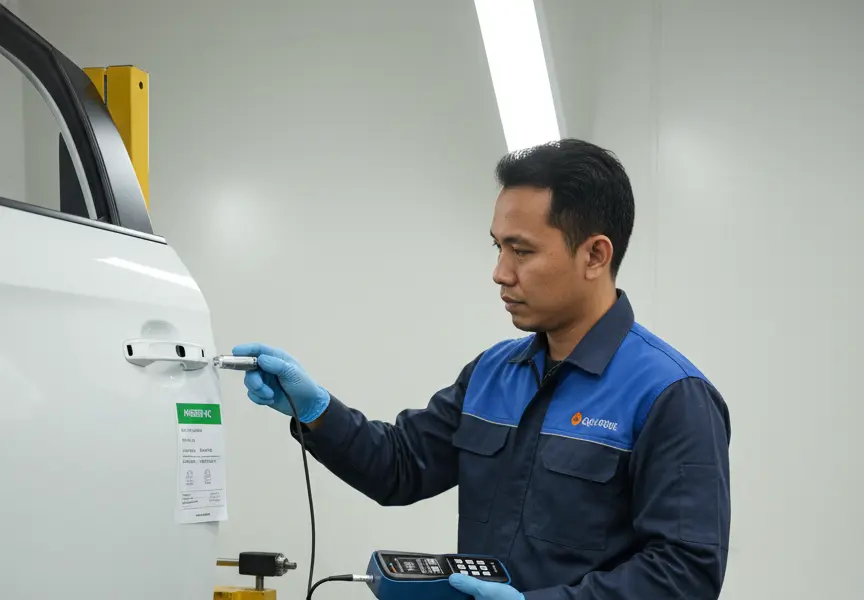 Teknisi QA/QC Indonesia mengukur ketebalan cat panel pintu mobil dengan coating thickness gauge PCE-CT 100N-ICA menggunakan probe eksternal di area inspeksi pabrik.