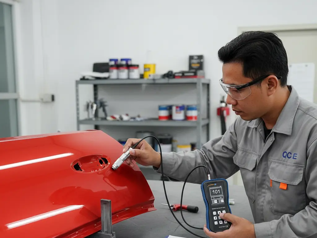 Teknisi QC Indonesia mengukur ketebalan cat pada panel bodi kendaraan memakai coating thickness gauge PCE-CT 100N dengan probe eksternal, layar alat menyala menampilkan angka hasil ukur di area workshop finishing.
