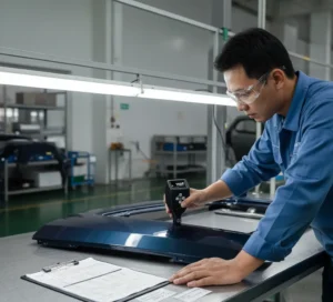 Gambar menampilkan teknisi QC orang Indonesia sedang mengukur ketebalan cat pada panel pintu mobil menggunakan coating thickness gauge PCE-CT 22BT dengan layar digital menyala di area inspeksi pabrik.