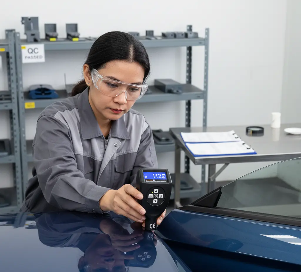 Teknisi Indonesia mengukur ketebalan cat pada panel pintu mobil menggunakan coating thickness gauge PCE-CT 22BT-ICA sambil memantau hasil di smartphone.