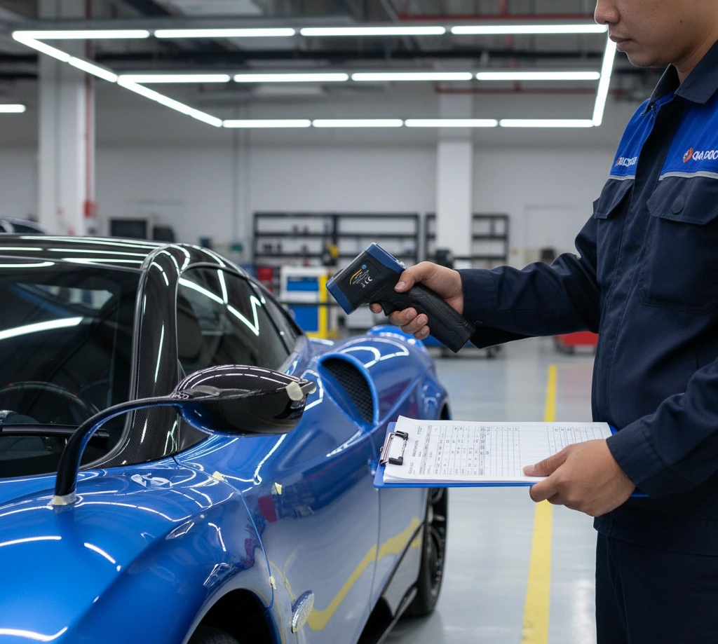 Teknisi QA/QC Indonesia mengukur ketebalan cat pada panel bodi mobil menggunakan PCE-CT 25FN-ICA untuk inspeksi coating non-destruktif.