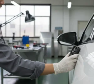 Seorang teknisi Indonesia memegang coating thickness gauge PCE-CT 26FN-ICA dan menempelkan probe secara vertikal pada panel pintu mobil untuk mengukur ketebalan cat, dengan layar OLED alat terlihat menyala di lingkungan bengkel inspeksi yang rapi dan terang.