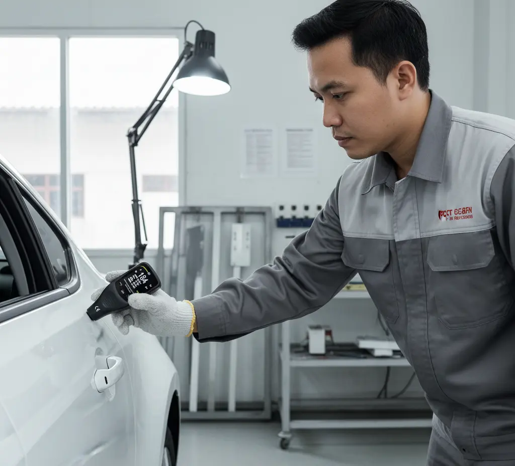 Foto teknisi QC orang Indonesia sedang mengukur ketebalan cat pada panel pintu mobil menggunakan coating thickness gauge PCE-CT 26FN dengan layar OLED menyala, posisi probe ditekan tegak lurus pada permukaan panel di area inspeksi otomotif yang rapi.