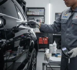Foto menampilkan teknisi body repair Indonesia di bengkel premium sedang melakukan pengukuran ketebalan cat pada panel pintu mobil menggunakan PCE-CT 27FN dengan probe eksternal yang ditempel tegak lurus ke permukaan cat mengilap, dengan lampu inspeksi dan peralatan detailing di latar belakang;
