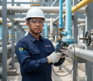 Foto menampilkan seorang inspektor korosi Indonesia sedang melakukan pengukuran ketebalan coating (DFT) pada pipa baja berlapis cat di area pipe rack menggunakan PCE-CT 27FN-ICA dengan probe eksternal berkabel yang ditempelkan stabil pada permukaan silinder