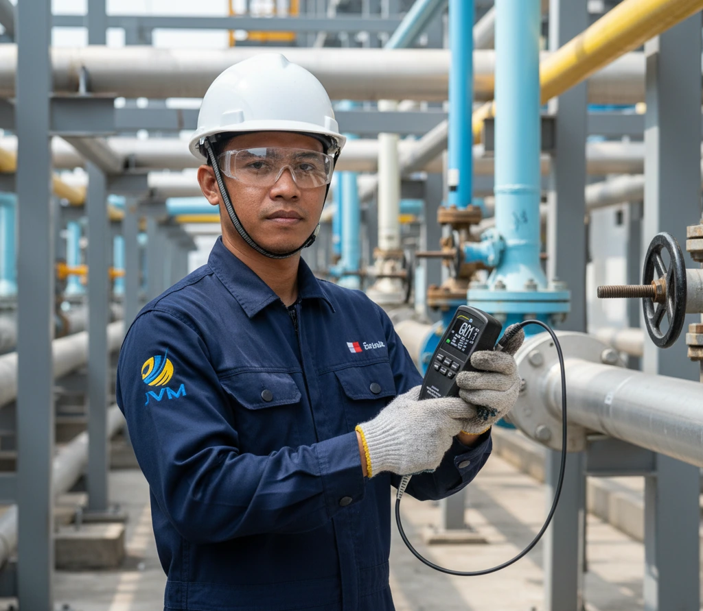 Foto menampilkan seorang inspektor korosi Indonesia sedang melakukan pengukuran ketebalan coating (DFT) pada pipa baja berlapis cat di area pipe rack menggunakan PCE-CT 27FN-ICA dengan probe eksternal berkabel yang ditempelkan stabil pada permukaan silinder