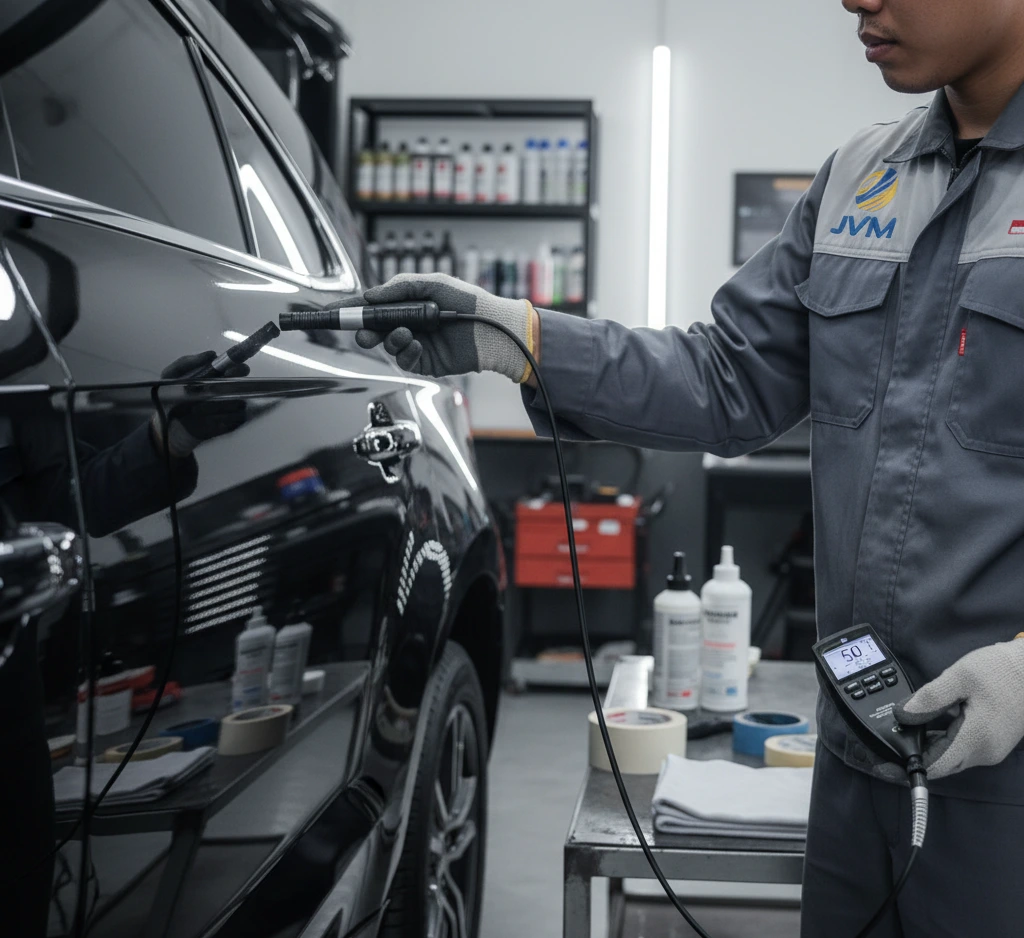 Foto menampilkan teknisi body repair Indonesia di bengkel premium sedang melakukan pengukuran ketebalan cat pada panel pintu mobil menggunakan PCE-CT 27FN dengan probe eksternal yang ditempel tegak lurus ke permukaan cat mengilap, dengan lampu inspeksi dan peralatan detailing di latar belakang;