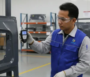 Seorang inspector mobil Indonesia menempelkan alat ukur ketebalan cat PCE-CT 28-ICA pada panel pintu mobil di workshop inspeksi, sambil membaca hasil pada layar LCD untuk mengecek indikasi repaint.