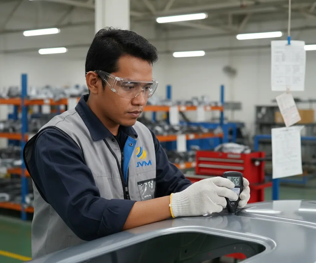 Foto memperlihatkan seorang QC Engineer Indonesia di area paint line sedang menempelkan alat ukur ketebalan coating PCE-CT 28 pada permukaan panel baja yang baru dicat; layar alat menampilkan angka hasil ukur dan pekerja menggunakan APD standar.