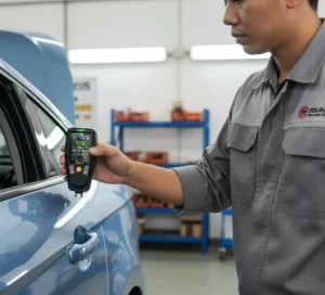Teknisi QC Indonesia mengukur ketebalan cat pada panel pintu mobil menggunakan coating thickness gauge PCE-CT 29 dengan layar menyala menampilkan nilai µm dan indikator material Fe/NFe di area bengkel atau lini inspeksi.