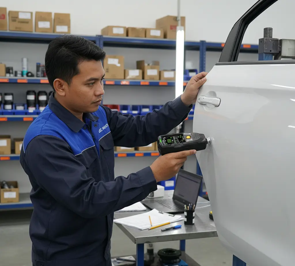 Teknisi QC Indonesia mengukur ketebalan cat panel mobil menggunakan coating thickness gauge PCE-CT 29-ICA, dengan layar menampilkan nilai dalam mikrometer di area workshop industri.