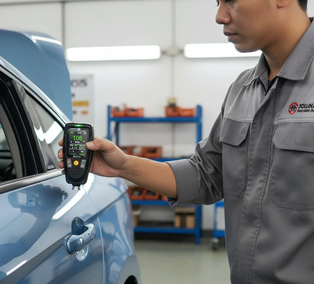 Teknisi QC Indonesia mengukur ketebalan cat pada panel pintu mobil menggunakan coating thickness gauge PCE-CT 29 dengan layar menyala menampilkan nilai µm dan indikator material Fe/NFe di area bengkel atau lini inspeksi.