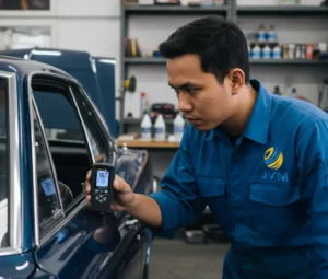 Seorang teknisi Indonesia mengukur ketebalan cat panel pintu mobil klasik menggunakan coating thickness gauge PCE-CT 5000H, dengan probe ditempelkan tegak lurus pada permukaan panel di dalam bengkel restorasi.