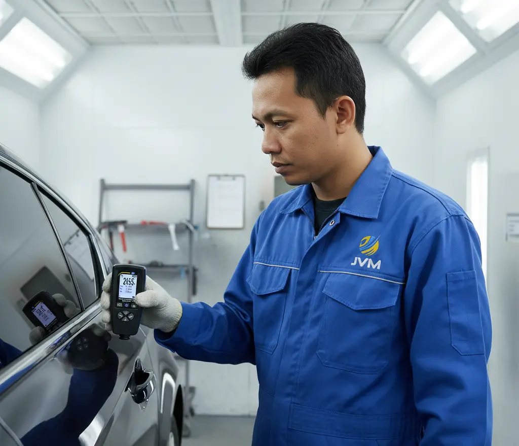 teknisi body repair Indonesia mengukur ketebalan clear coat pada panel pintu mobil menggunakan alat coating thickness gauge PCE-CT 5000H di dalam paint booth