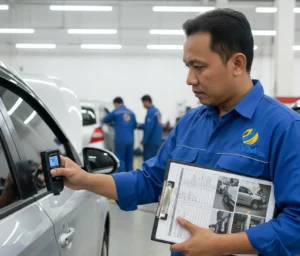 Seorang surveyor asuransi kendaraan Indonesia sedang mengukur ketebalan cat pada panel pintu mobil menggunakan PCE-CT 65 di area bengkel body repair; alat ditempelkan stabil ke permukaan panel untuk mendapatkan angka ketebalan dalam satuan mikron, dengan clipboard inspeksi di tangan dan suasana bengkel yang terang serta rapi di latar.