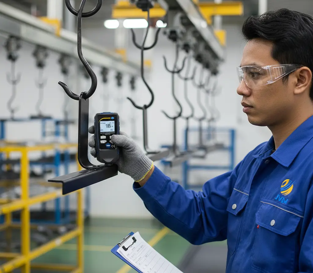 Teknisi QC Indonesia mengukur ketebalan coating pada komponen baja menggunakan PCE-CT 65 di area painting line.