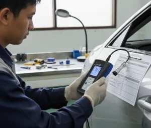 Teknisi Indonesia di workshop QC mengukur ketebalan cat panel pintu mobil menggunakan PCE-CT 80 dengan probe eksternal, layar menampilkan hasil dalam mikrometer.