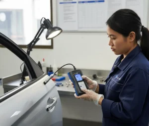 Teknisi Indonesia mengukur ketebalan cat panel mobil menggunakan coating thickness gauge PCE-CT 80 dengan probe eksternal dan tampilan µm pada layar, di lingkungan workshop inspeksi.