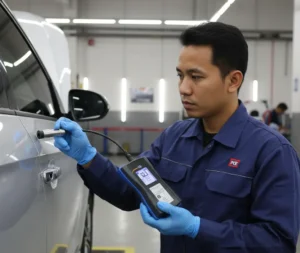 Seorang teknisi Indonesia di workshop body & paint sedang mengukur ketebalan cat pada panel pintu mobil menggunakan coating thickness gauge PCE-CT 80 dengan probe eksternal FN0.5, layar alat menampilkan hasil dalam satuan mikrometer (µm).