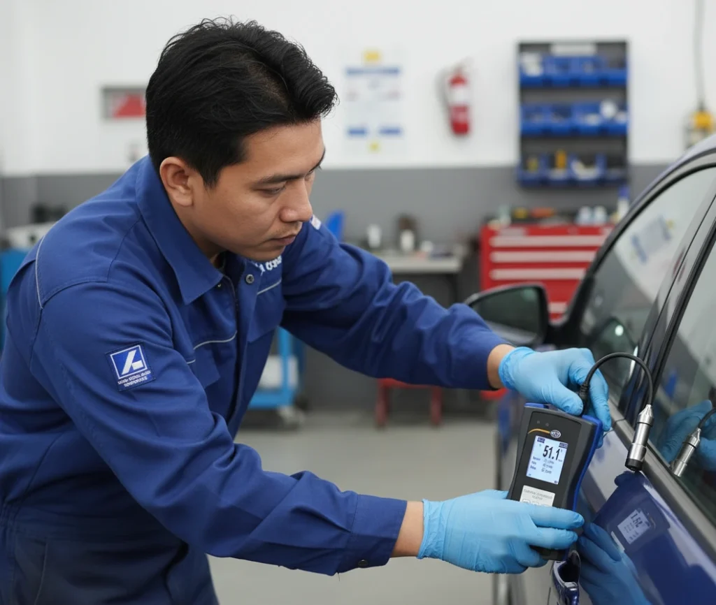 Teknisi Indonesia mengukur ketebalan cat pada panel pintu mobil menggunakan PCE-CT 80 dengan probe eksternal, di area workshop QC yang terang dan rapi.