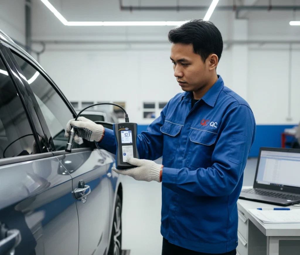 Teknisi QC Indonesia mengukur ketebalan cat panel mobil menggunakan coating thickness gauge PCE-CT 80-FN1D5 dengan sensor eksternal di area inspeksi workshop yang terang dan rapi.