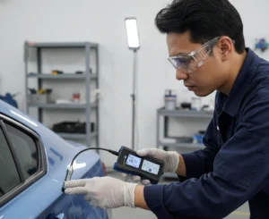 Teknisi QC Indonesia mengukur ketebalan cat pada panel mobil menggunakan PCE-CT 80 dengan probe eksternal, layar alat menampilkan hasil dalam mikrometer di bengkel pengecatan yang terang dan rapi.