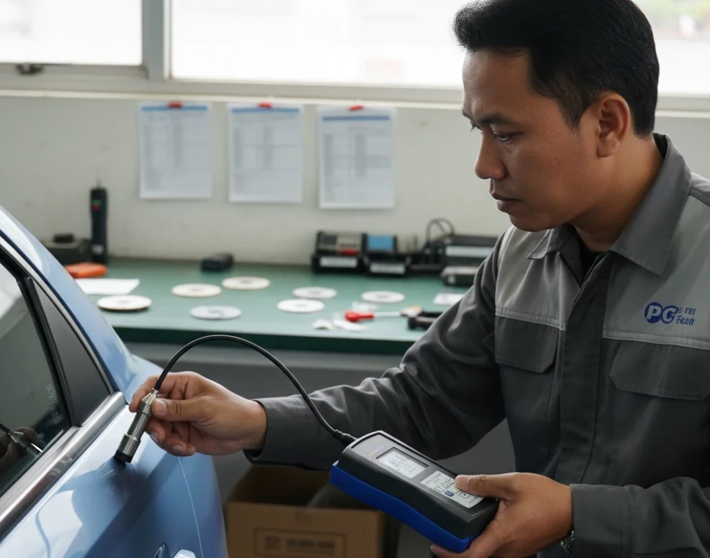 Teknisi Indonesia mengukur ketebalan cat panel mobil dengan coating thickness gauge PCE-CT 80-FN2 menggunakan probe eksternal, tampak layar µm serta perlengkapan kalibrasi di meja inspeksi.