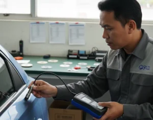 Teknisi Indonesia mengukur ketebalan cat panel mobil dengan coating thickness gauge PCE-CT 80-FN2 menggunakan probe eksternal, tampak layar µm serta perlengkapan kalibrasi di meja inspeksi.