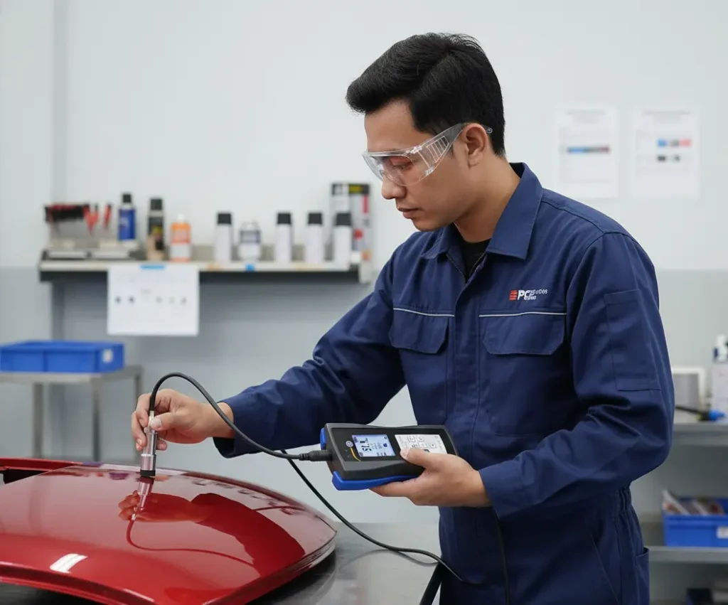 Gambar menampilkan teknisi Indonesia di area quality control sedang menempelkan probe eksternal FN2 pada panel bodi mobil untuk mengukur ketebalan cat menggunakan PCE-CT 80.