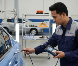 Seorang teknisi Indonesia di workshop otomotif mengukur ketebalan cat pada panel mobil menggunakan coating thickness gauge PCE-CT 80 dengan probe eksternal, terlihat layar alat menampilkan pembacaan dalam mikron dan posisi probe ditempelkan tegak lurus pada permukaan.