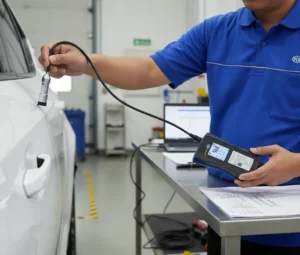 Teknisi Indonesia mengukur ketebalan cat panel mobil menggunakan PCE-CT 80 dengan probe eksternal di area inspeksi workshop, layar alat menampilkan hasil pengukuran dalam mikrometer.