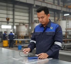 Teknisi Indonesia mengukur ketebalan lapisan galvanis pada pipa baja menggunakan coating thickness gauge PCE-CT 80HP-F5N3 di area workshop industri.