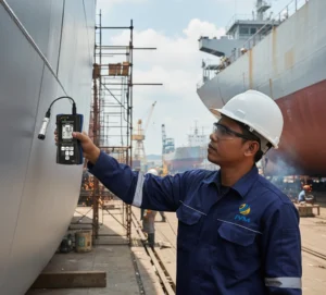 Teknisi Indonesia menggunakan coating thickness gauge pada lambung kapal baja di area shipyard untuk mengukur ketebalan lapisan cat proteksi.