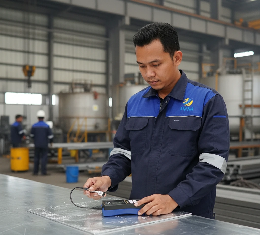 Teknisi Indonesia mengukur ketebalan lapisan galvanis pada pipa baja menggunakan coating thickness gauge PCE-CT 80HP-F5N3 di area workshop industri.