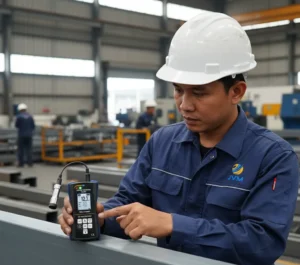 Teknisi Indonesia menggunakan coating thickness gauge PCE-CT 80HP-FN0D5-ICA untuk mengukur ketebalan lapisan cat pada struktur baja di area produksi manufaktur.