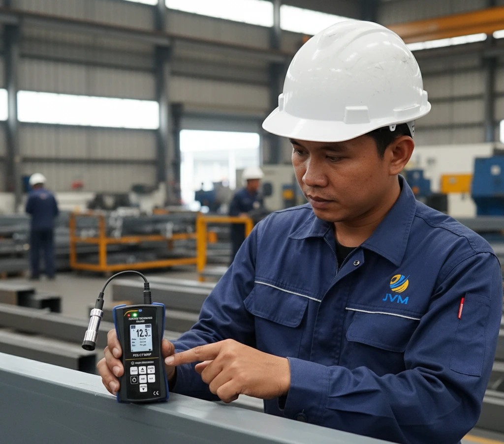 Teknisi Indonesia menggunakan coating thickness gauge PCE-CT 80HP-FN0D5-ICA untuk mengukur ketebalan lapisan cat pada struktur baja di area produksi manufaktur.
