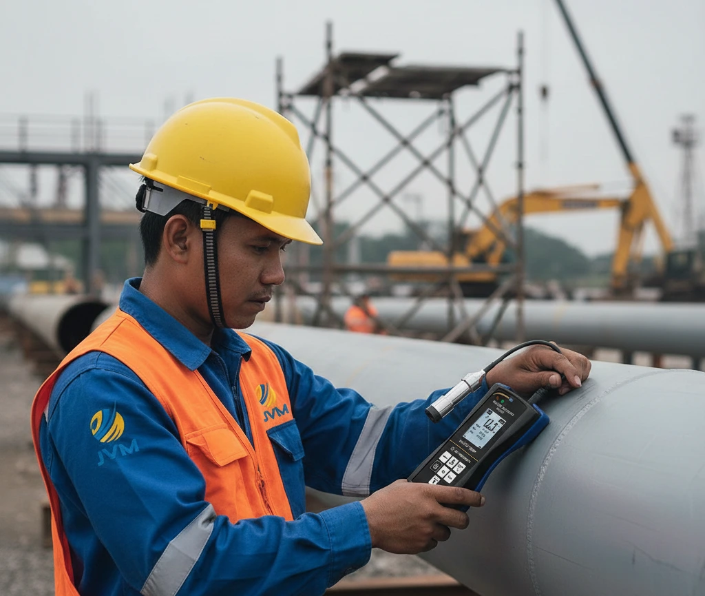 Teknisi Indonesia menggunakan coating thickness gauge portabel untuk mengukur ketebalan cat pada pipa baja di proyek konstruksi industri.