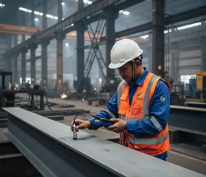 Teknisi Indonesia mengukur ketebalan coating pada balok baja menggunakan PCE-CT 80HP-FN2 di area fabrikasi industri dengan perlengkapan keselamatan lengkap.