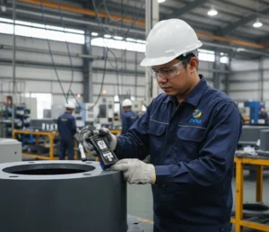 Teknisi Indonesia menggunakan coating thickness gauge PCE-CT 80HP-FN2-ICA untuk mengukur ketebalan lapisan cat pada komponen baja di area workshop manufaktur.